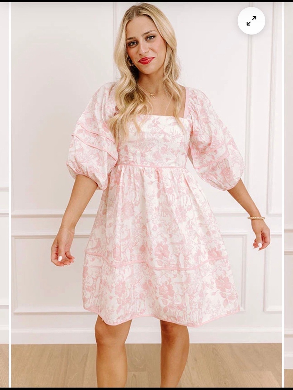 Square Neck Puff-Sleeve Pink Floral Babydoll Dress